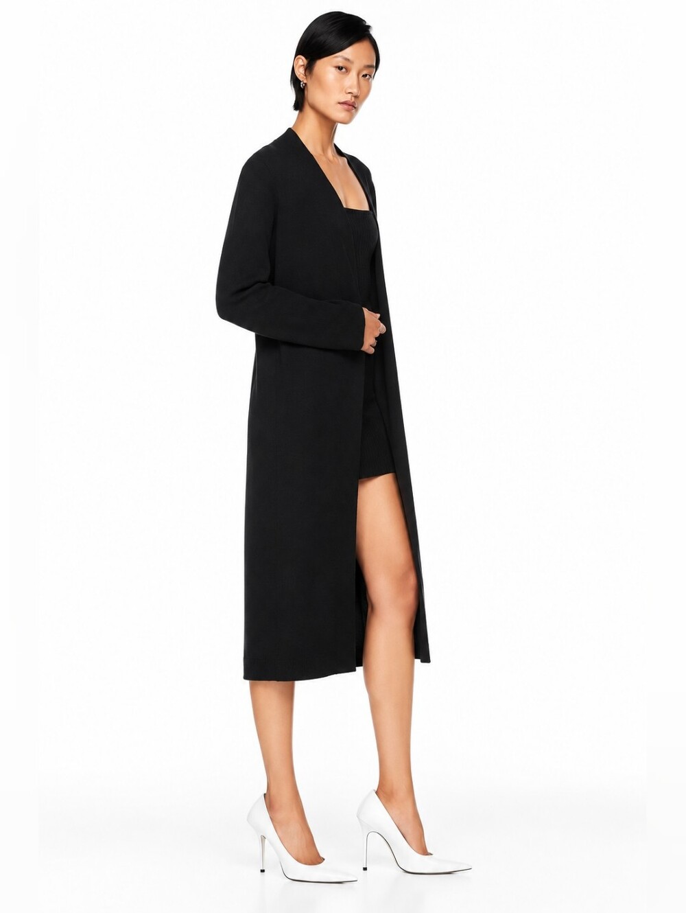 BABATON Orpheum Robe Black Sz M Modern Open-Front Wonder Yarn Knit Timeless